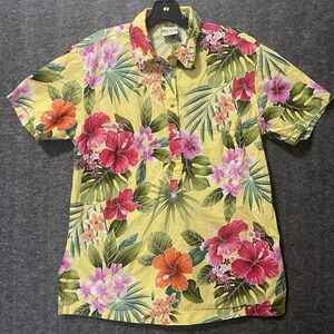 Vintage Go Barefoot Shirt Womens Large Yellow Pink Floral Hawaiian Henley‎ USA